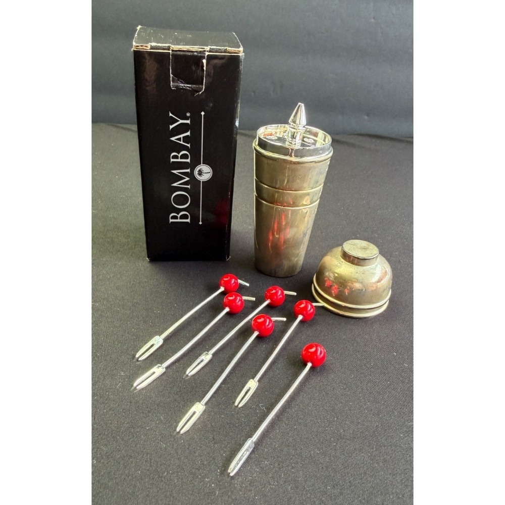 Vintage Bombay Silver Mini Cocktail Shaker Cherry Cocktail‎ Sticks Picks Jigger